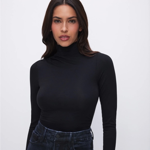 Good American Stretch Jersey Long Sleeve Ruched Turtleneck Bodysuit Black - Picture 11 of 16